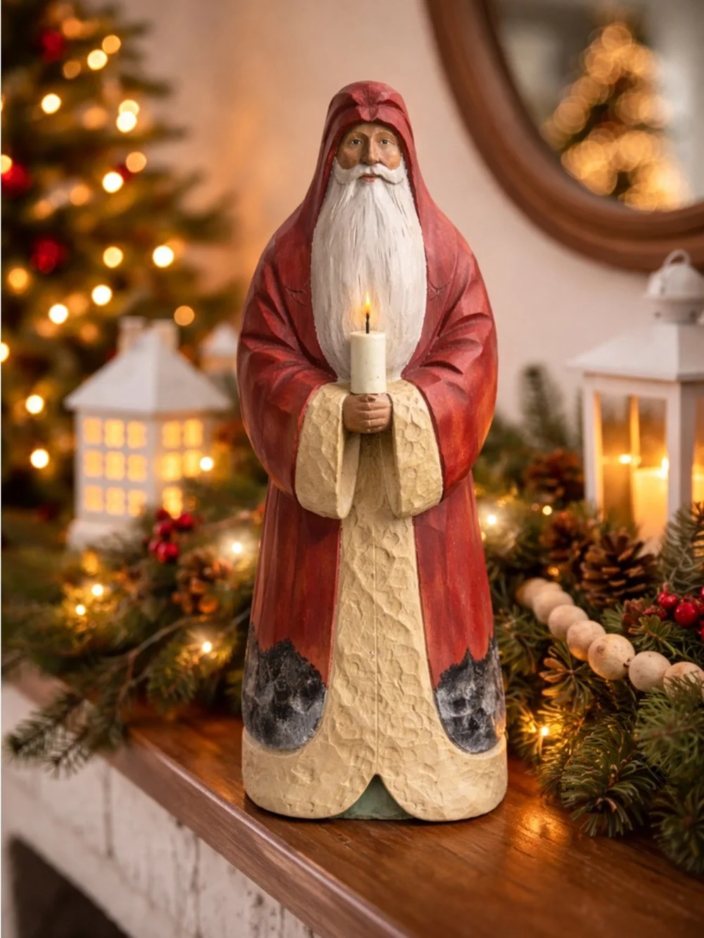 Carved Wood Look Santa Figurine 14” Resin Rustic Folk Art Christmas Decor